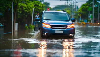 冠水した道路で車の一部が水没した、 台風の豪雨｜Part of the car was submerged in water on the flooded road. Typhoon heavy rain. Generative AI - obrazy, fototapety, plakaty