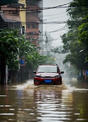 冠水した道路で車の一部が水没した、 台風の豪雨｜Part of the car was submerged in water on the flooded road. Typhoon heavy rain. Generative AI