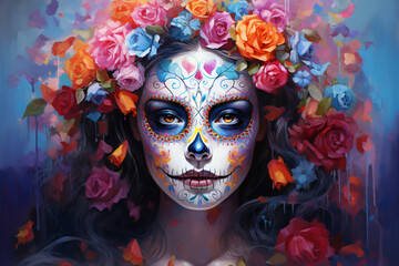 A woman with dia de los muertos face paint and flowers in her hair