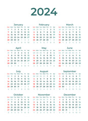 Calendar 2024 vector illustration start week from sunday, Simple elegant