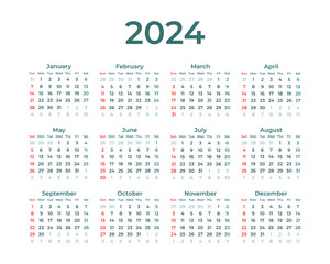 Simple elegant calendar 2024 vector illustration start week from sunday
