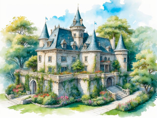 Fototapeta na wymiar Castle in watercolor illustration.