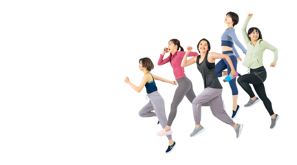 ジャンプするスポーツウェアを着た女性グループ　切り抜き背景透過写真PNG