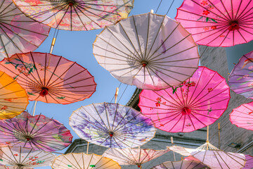 Vibrant colorful Chinese style umbrellas at the umbrella street in Hohhot, China