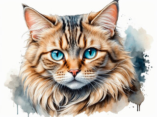 Blue-eyed cat in watercolor illustration.