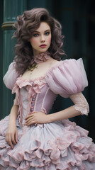 A woman in a steampunk style pink dress posing for a picture