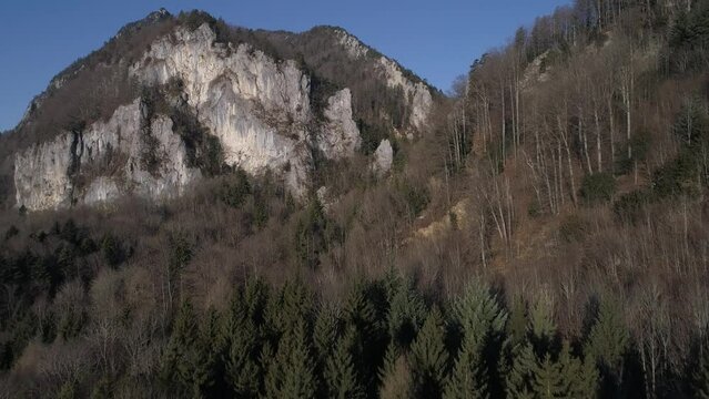 Flight through Klus, gorge incision near Zwueschbergen with the Balmflue, first Jura chain, in the background Balm near Guensberg, drone image, Solothurn, Switzerland, Europe