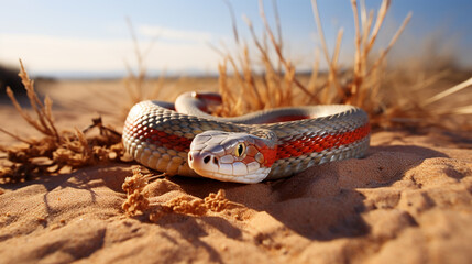 Coral snake slithering through a sandy desert landscape. AI Generative.