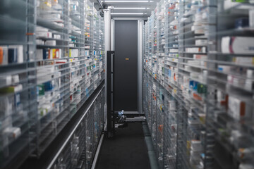 Narrow pharmacy aisle flanked by towering shelves stocked with medicine boxes. A pharmacy robot...