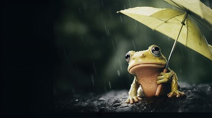 The frog wears an umbrell - obrazy, fototapety, plakaty
