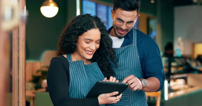 People, barista and cafe teamwork on tablet for restaurant sales, software management and training in hospitality. Happy woman and manager or small business owner on digital tech, menu and funny chat