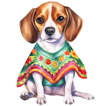 Cute Beagle Dog Mexican Watercolor Clipart Illustration