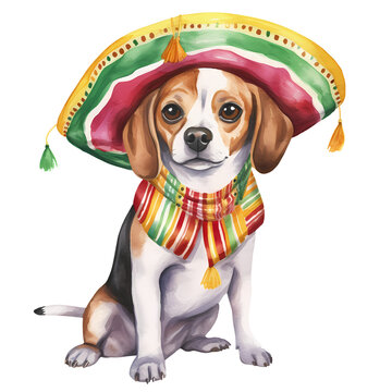 Cute Beagle Dog Mexican Watercolor Clipart Illustration