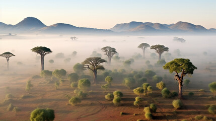 African baobab trees in morning sunlight with fog, aerial view. Innovative AI.