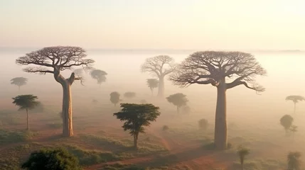 Foto auf Acrylglas African baobab trees in morning sunlight with fog, aerial view. Innovative AI. © Story
