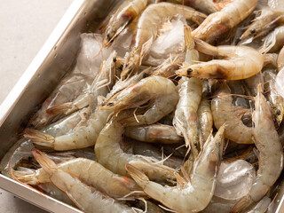 Fresh raw shrimp on ice
