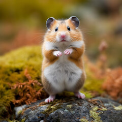 Adorable hamster stands on its hind legs atop a lush moss covered rock. Created with Generative AI technology