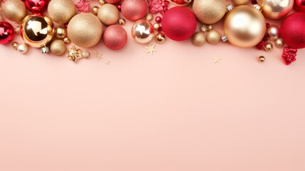 Fototapeta na wymiar Top view photo of christmas tree decorations pink balls gold bell pine snowflake shaped ornaments glowing stars white gift box serpentine and sequins on isolated pastel pink background