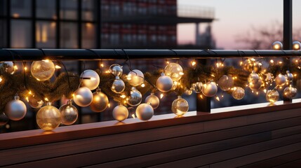 Naklejka premium Festive balcony decoration for Christmas and New Year. Close up of Christmas decoration balls and garland of lights wrapped around balcony railing in modern residential apartment building