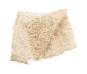 Piece of burlap fabric isolated on white, top view