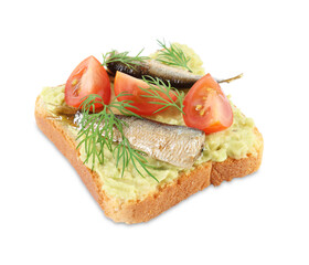 Delicious sandwich with sprats, tomatoes, dill and avocado puree isolated on white