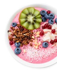 Tasty smoothie bowl with fresh kiwi fruit, berries and granola isolated on white, top view
