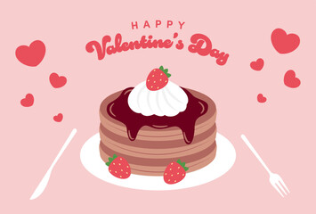 vector background with chocolate pancakes with strawberries on plate and hearts for banners, cards, flyers, social media wallpapers, etc.