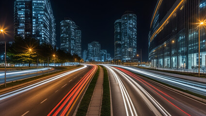 traffic at night,
A cityscape with lights on and a cityscape in the background,
 Dual Perspectives at Night,