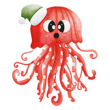 Whimsical Watercolor Christmas Jellyfish - Cute Underwater Santa Hat Clipart