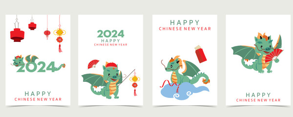 cute Chinese New Year background with lantern,dragon.Editable vector illustration for kid postcard,a4 size