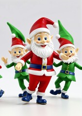 3D Toy Of Santa Claus Leading A Group Of Elves In A Holiday Dance On A White Background.