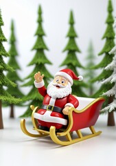 3D Toy Of Santa Claus Enjoying A Sleigh Ride Through The Forest On A White Background.