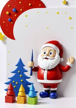 3D Toy Of Santa Claus Painting A Mural Of The Night Sky On A White Background.