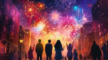 Fotobehang Firework explosion in the night sky celebrating happy new year 2024 . National firework shooting in the beautiful sky for a new year day of year 2024 . © Summit Art Creations