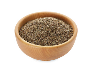 Bowl of dry dill seeds isolated on white