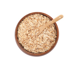 Bowl with oatmeal and scoop isolated on white, top view