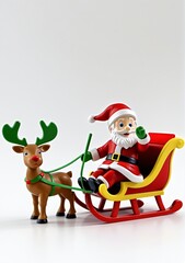 3D Toy Of Santa Claus Taking A Scenic Sleigh Ride Through The Countryside On A White Background.