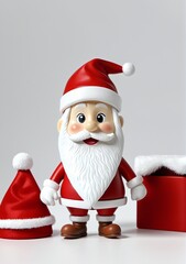 3D Toy Of Santa Claus Trying On Different Hats On A White Background.