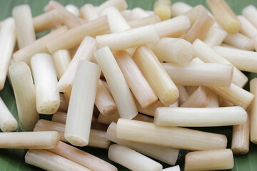 Fresh lotus rootlet on banana leaf.