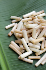 Fresh lotus rootlet on banana leaf