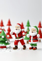 3D Toy Of Santa Claus Having A Snowball Fight With The Elves On A White Background.