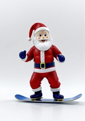 3D Toy Of Santa Claus Practicing His Snowboarding Skills On A White Background.