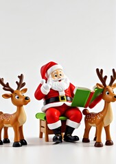 3D Toy Of Santa Claus Reading A Bedtime Story To The Reindeer On A White Background.