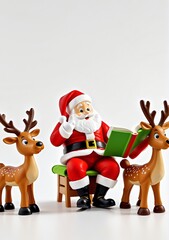 Fototapeta premium 3D Toy Of Santa Claus Reading A Bedtime Story To The Reindeer On A White Background.