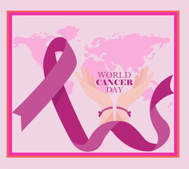 World cancer day concept. Vector illustration with two hands holding writing and pink magenta color combination on maps and ribbon.