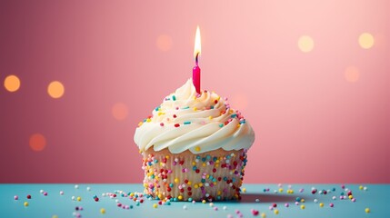 White Birthday Cake with colorful sprinkles and lit birthday candle over a pink background - obrazy, fototapety, plakaty