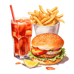 Fast food meal burger with french fries and soft drink, watercolor