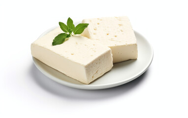 Two pieces of white mold soft cheese on white plate isolated Background, Generative ai