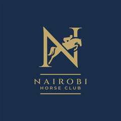 Elegant luxury letter N monogram horse jumping logo, letter N horse logo, show jumping horse logo, logo type, typography