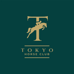 Elegant luxury letter T monogram horse jumping logo, letter T horse logo, show jumping horse logo, logo type, typography